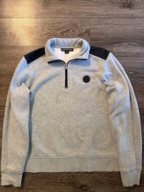 Michael Kors Men’s Light Gray Zip-Up Pullover with Black Shoulder Accents